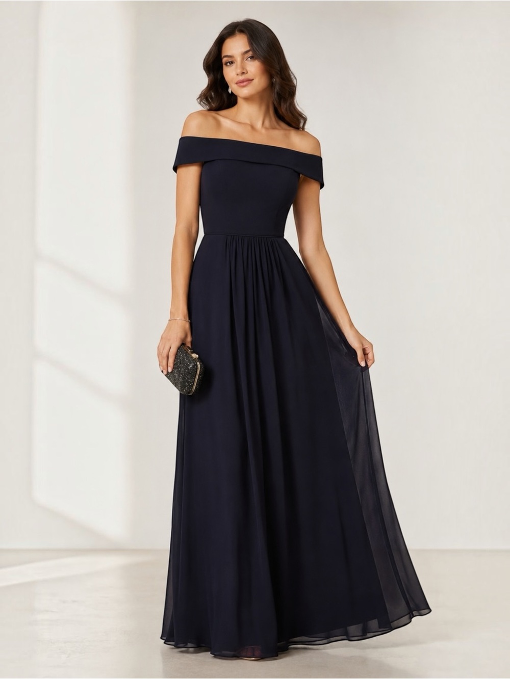 Adrianna Papell Off Shoulder Crepe Chiffon Long Formal Evening Gown Navy 2 NEW